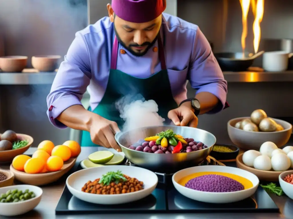 Un chef peruano preparando un plato colorido en cocina tradicional con inducción magnética