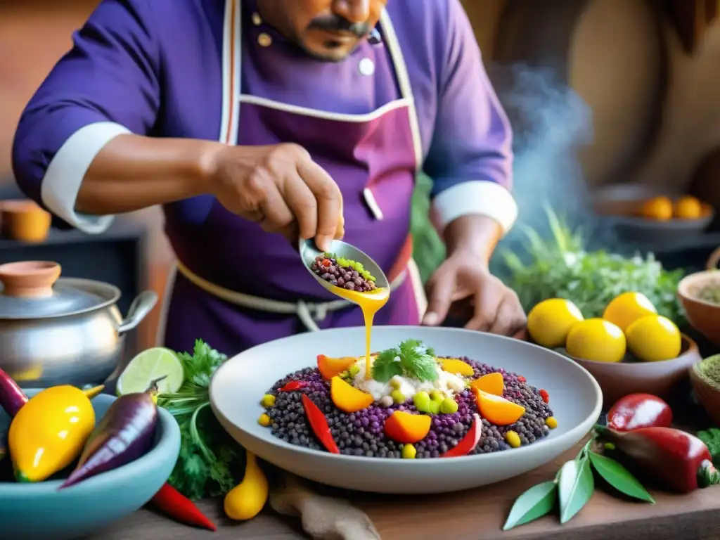 Un chef peruano preparando un plato colorido con ingredientes tradicionales