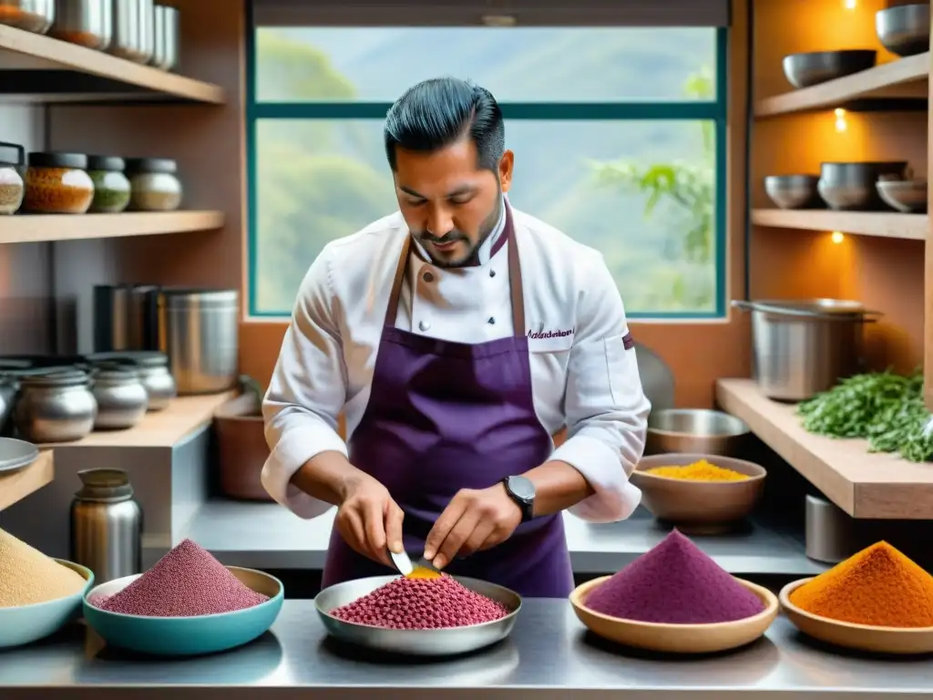 Chef peruano preparando plato colorido con influencias indígenas en cocina peruana