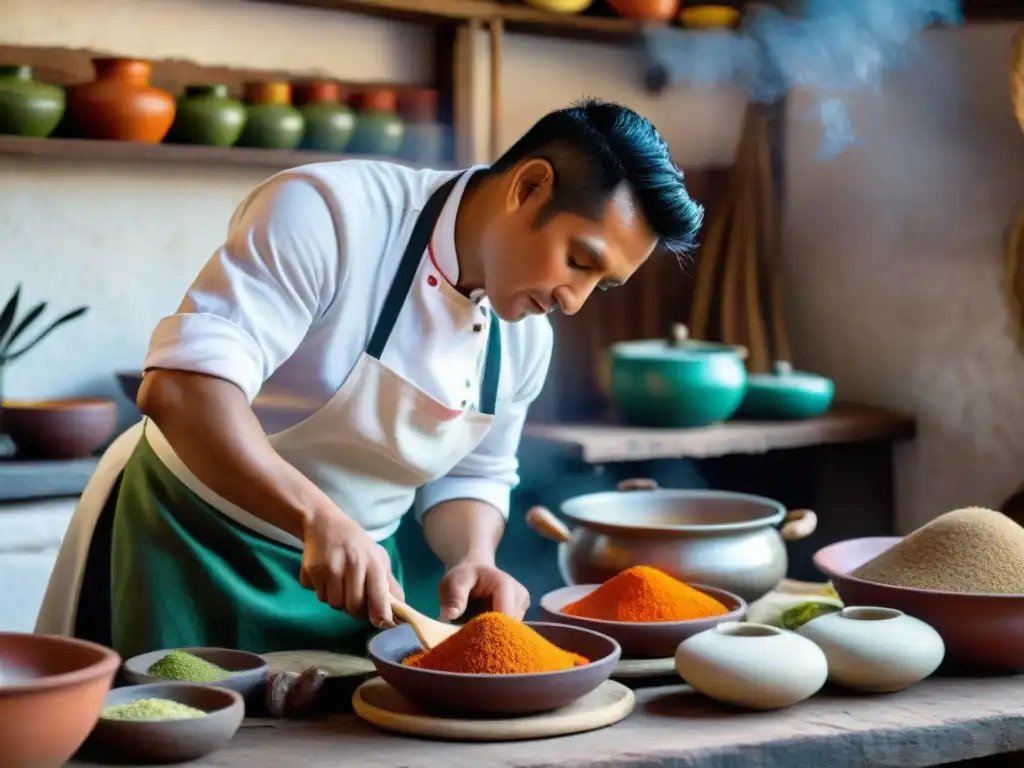 Un chef peruano prepara un plato colorido en una cocina andina llena de utensilios tradicionales, capturando la esencia de la cocina peruana