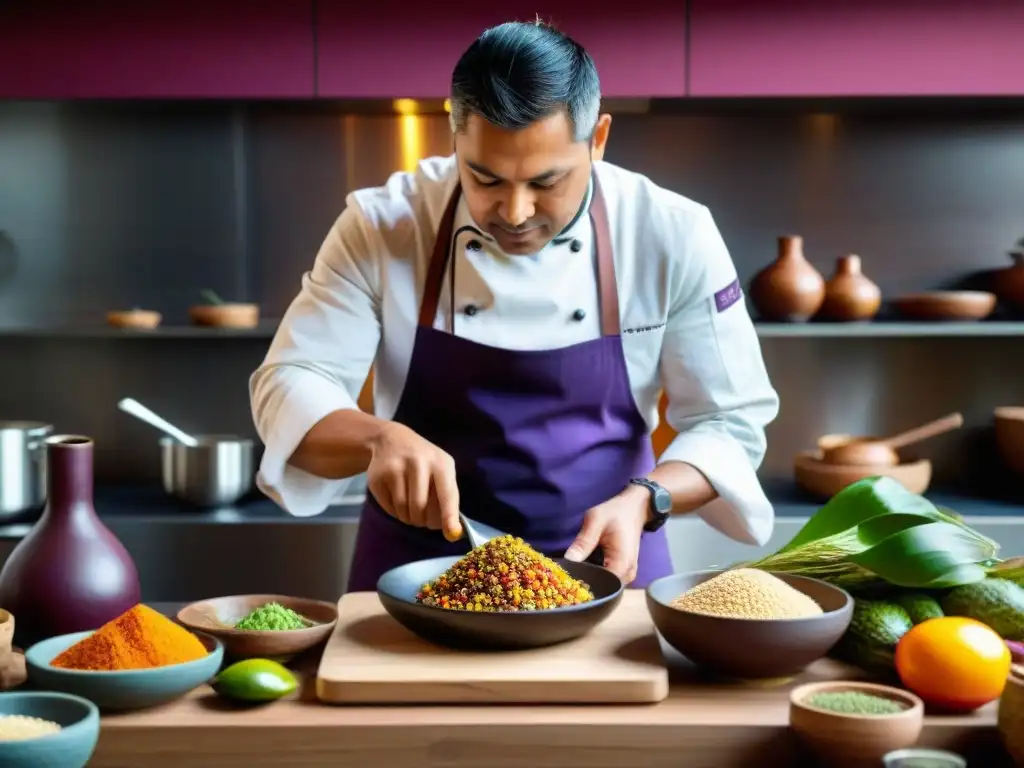 Un chef peruano prepara un plato colorido con ingredientes autóctonos