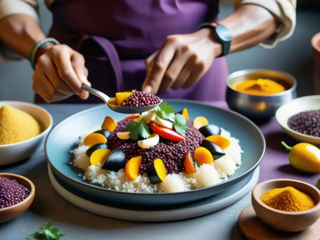 Un chef peruano preparando un plato colorido con ingredientes autóctonos