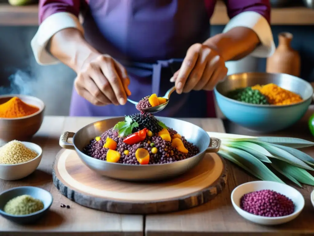 Un chef peruano prepara plato colorido con ingredientes autóctonos en cocina tradicional