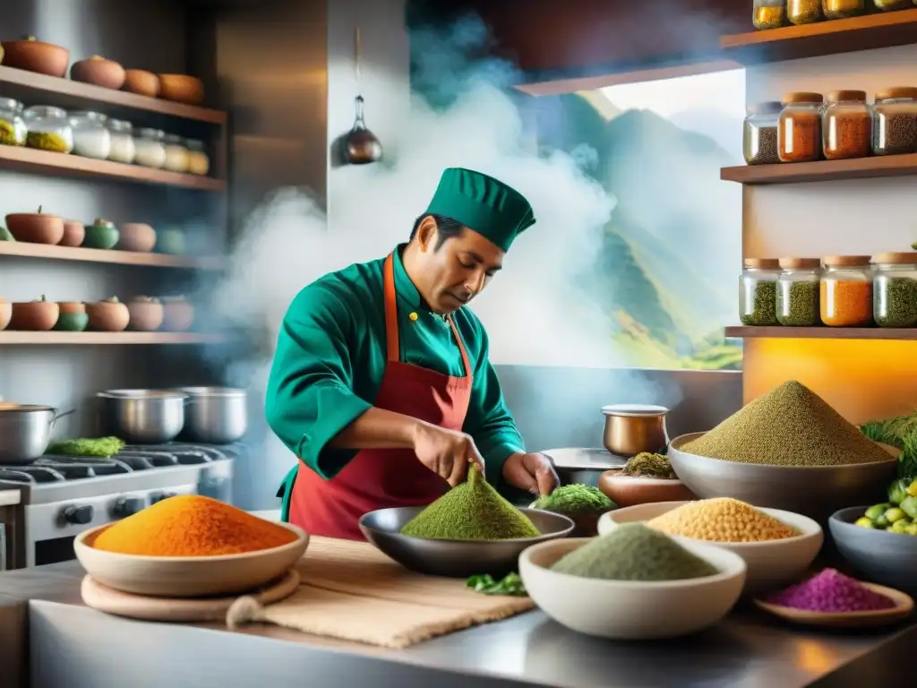 Un chef peruano prepara con maestría un plato colorido y aromático con ingredientes autóctonos en una cocina tradicional llena de utensilios únicos