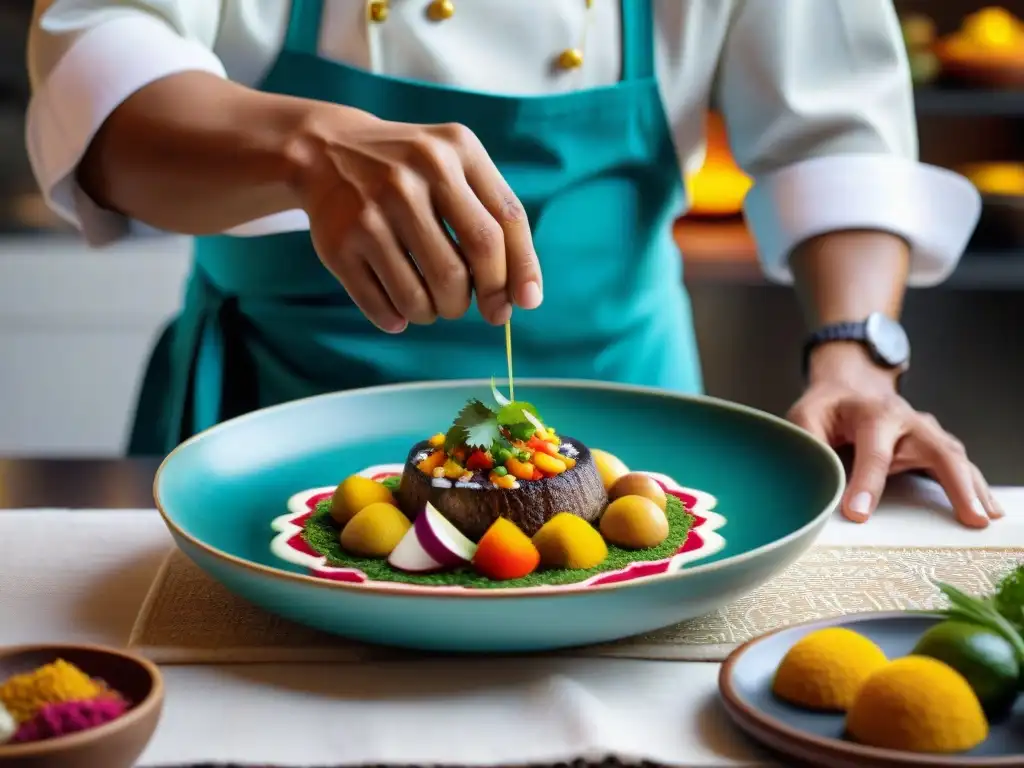 Un chef peruano hábil plateando un plato colorido sobre textil andino en cocina moderna