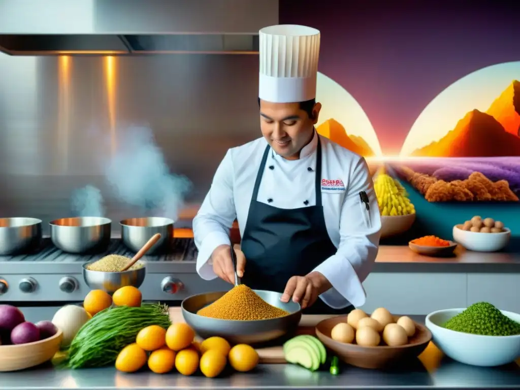 Un chef peruano prepara plato fusión entre Andes y costa con ingredientes locales en cocina moderna