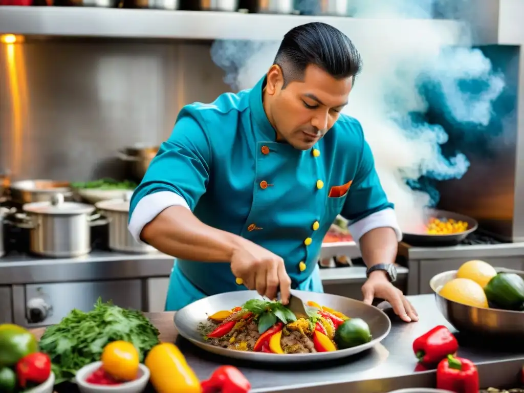 Un chef peruano preparando plato costeño con mariscos y frutas exóticas en cocina bulliciosa