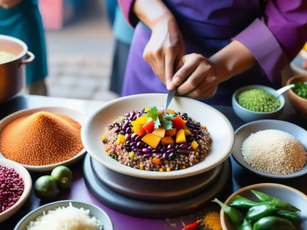 Un chef peruano preparando plato cusqueño en mercado colorido