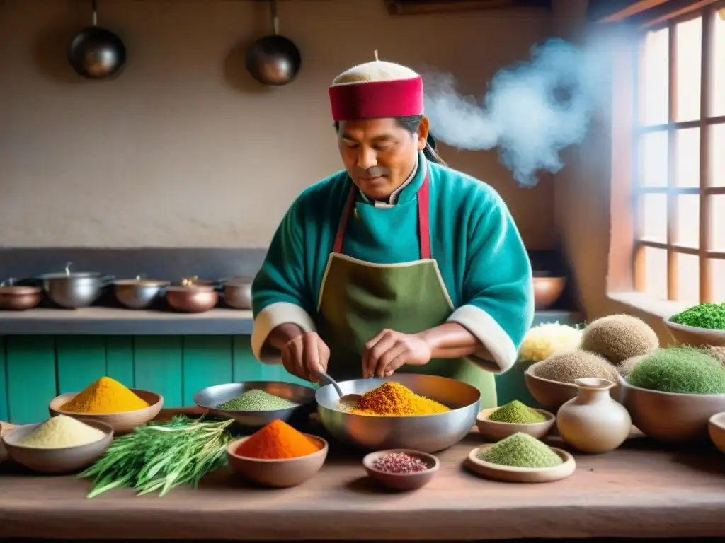 Un chef peruano prepara con maestría un plato de Cuy en una cocina rústica de los Andes