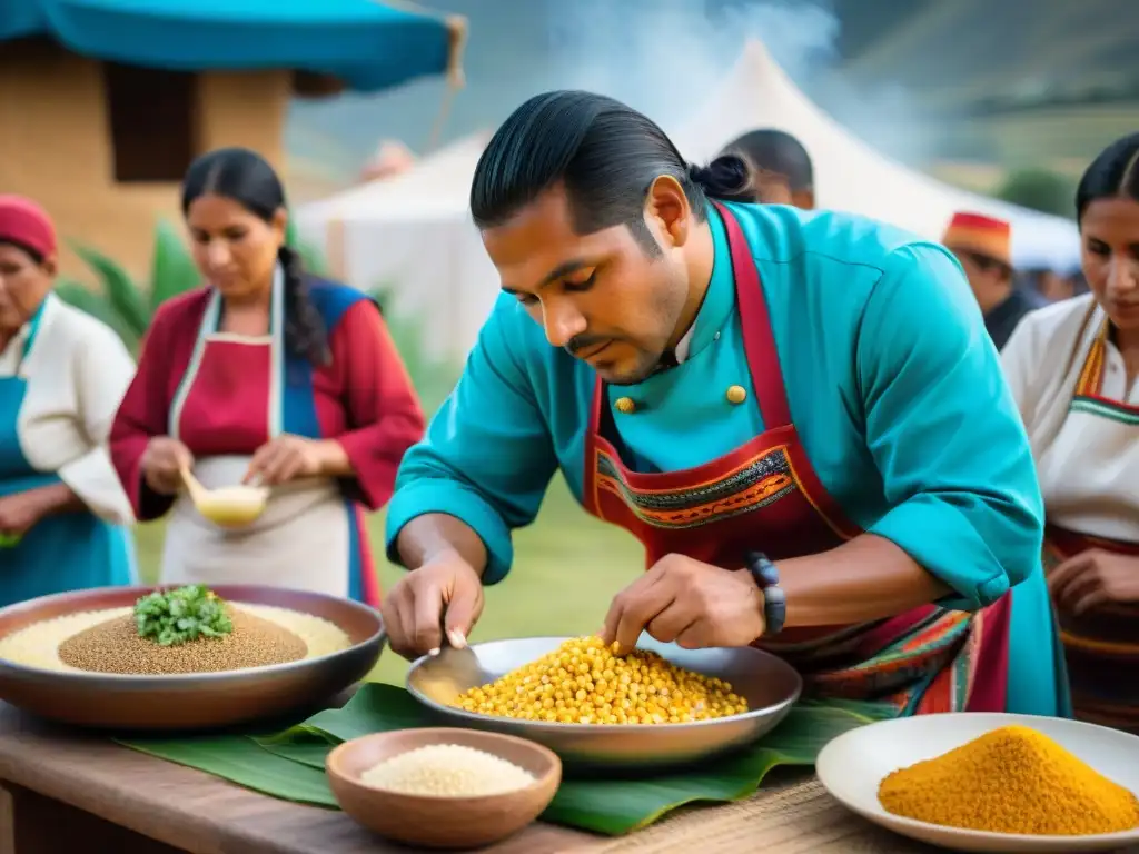 Un chef peruano prepara plato en el Festival Gastronómico Valle Sagrado Maíz, destacando colores y cultura