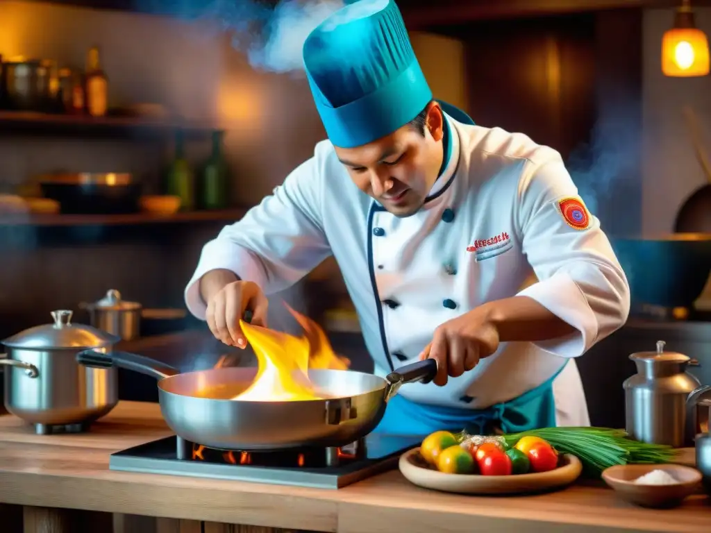 Un chef peruano prepara con maestría un plato flambeado con pisco, destacando las bebidas tradicionales peruanas en platos