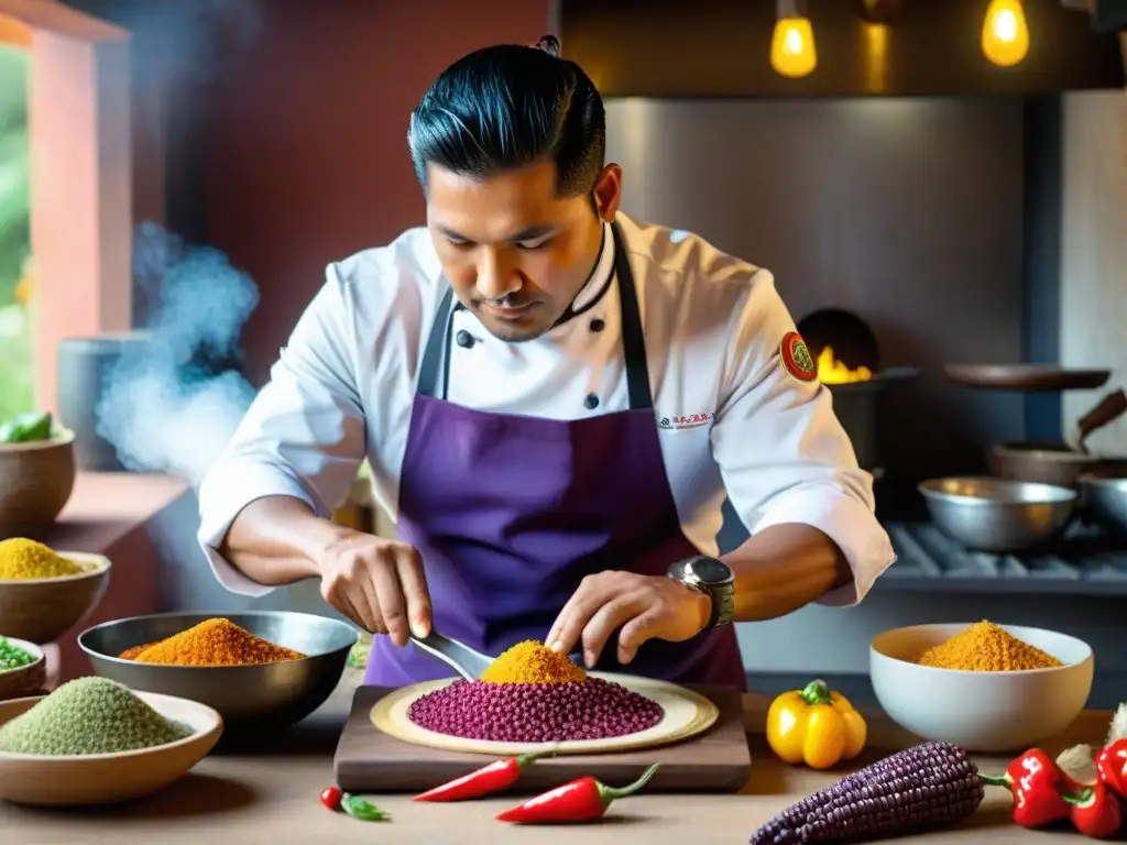 Un chef peruano preparando plato fusion en cocina andina con gastronomía peruana ingredientes autóctonos