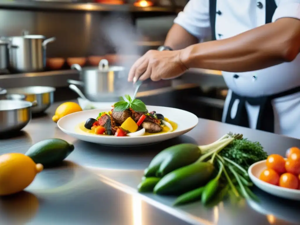 Un chef peruano prepara con maestría un plato de fusión italo-peruano, mostrando la influencia de la cocina italiana en Perú