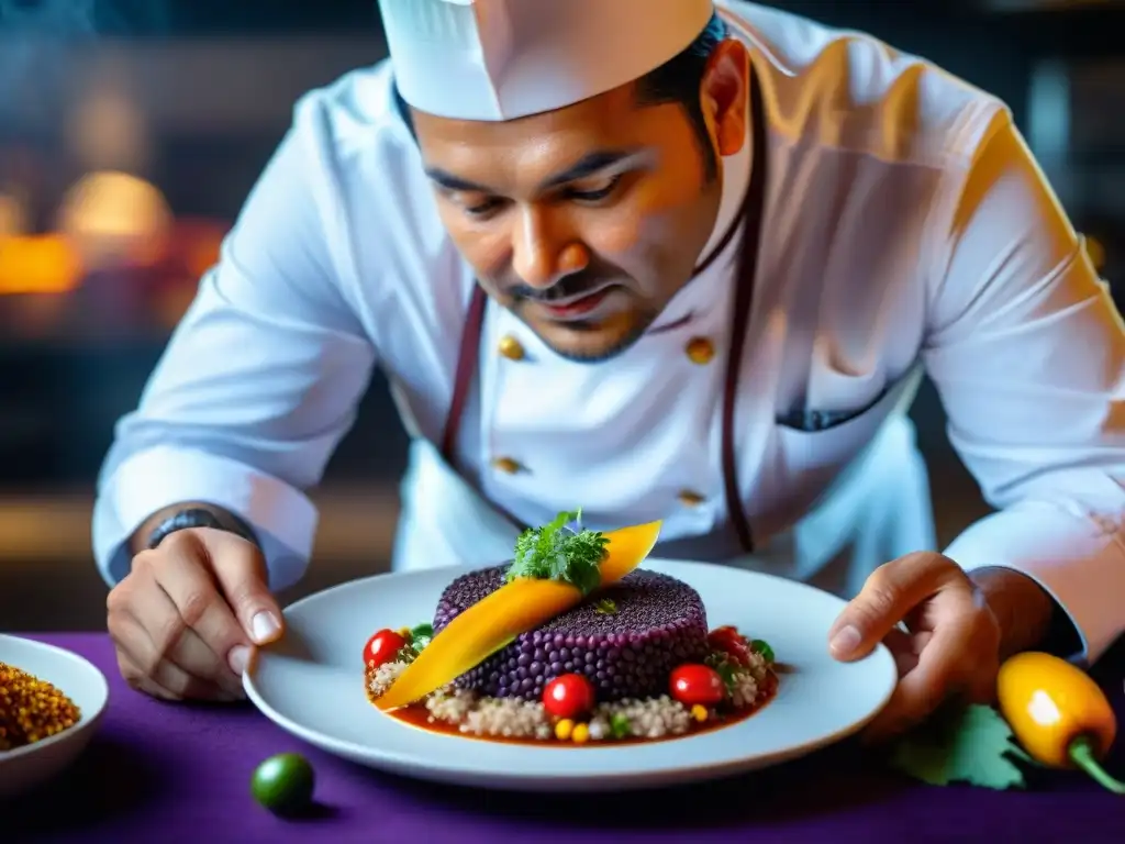 Chef peruano preparando plato gourmet con ingredientes tradicionales