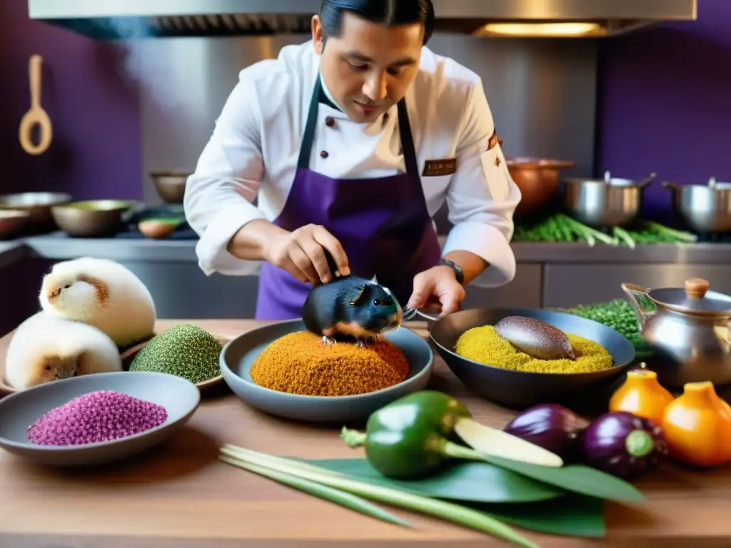 Un chef peruano preparando un plato gourmet con cuy en una cocina tradicional, rodeado de ingredientes vibrantes