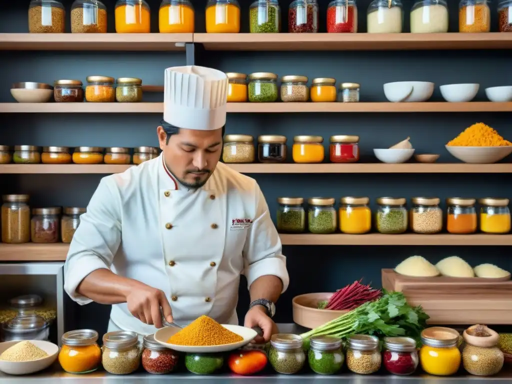 Un chef peruano preparando un plato gourmet con ingredientes autóctonos