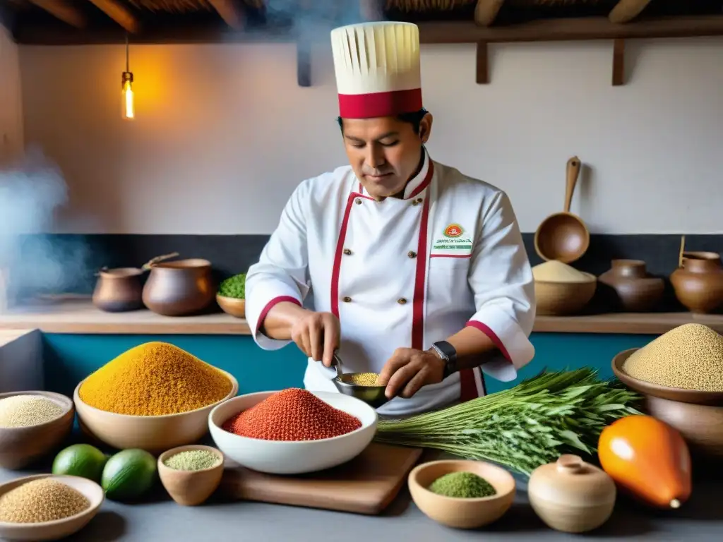 Un chef peruano prepara plato con granos andinos en cocina tradicional