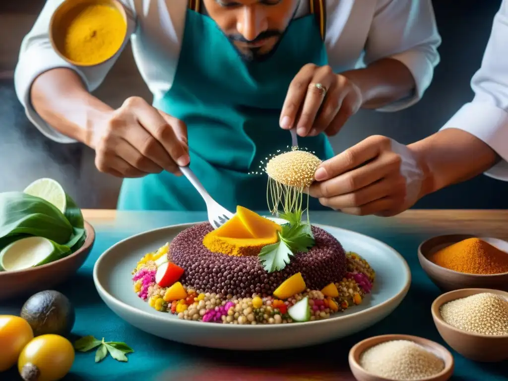 Chef peruano preparando plato con granos ancestrales en cocina tradicional