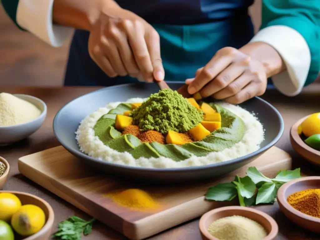 Un chef peruano preparando un plato con harina de plátano verde en una cocina bulliciosa y colorida