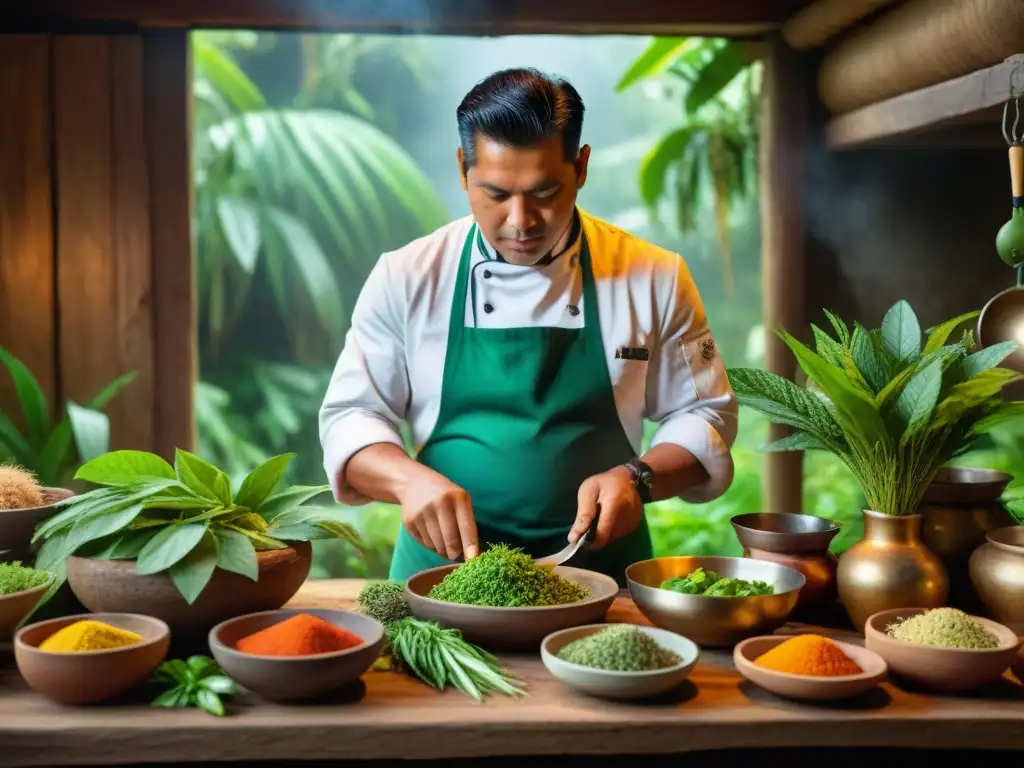 Un chef peruano preparando un plato con hierbas selváticas, destacando la riqueza culinaria