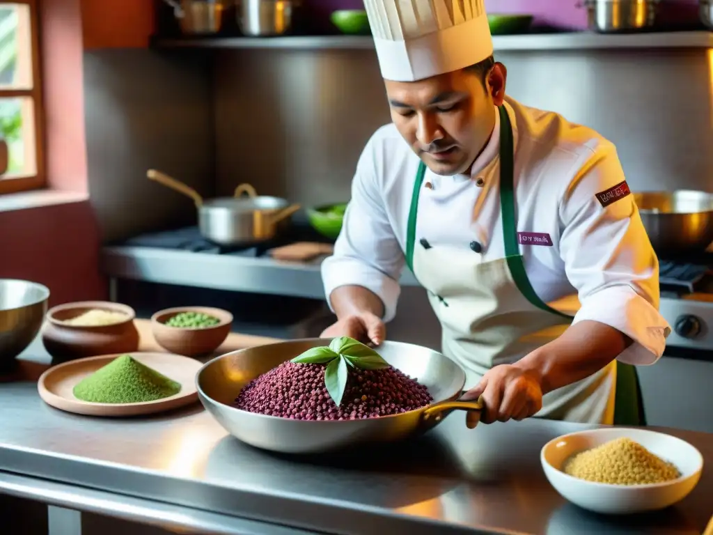 Un chef peruano prepara un plato con huacatay en una cocina andina llena de ingredientes vibrantes