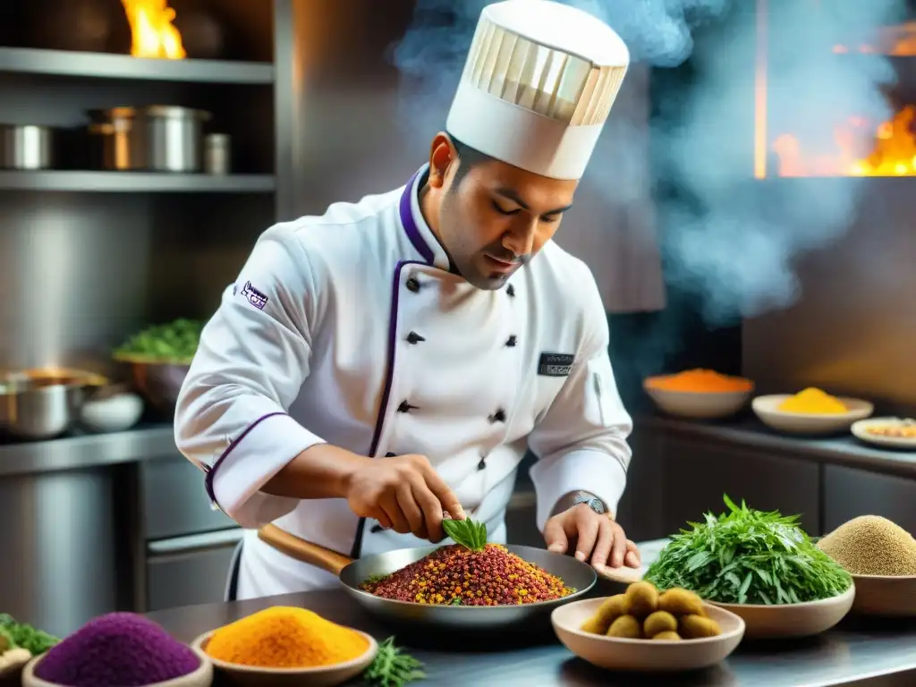 Un chef peruano preparando plato inca con ingredientes andinos en cocina vibrante