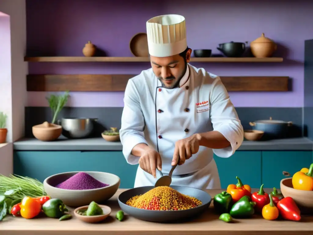 Chef peruano preparando plato con influencia ingredientes autóctonos en cocina tradicional andina