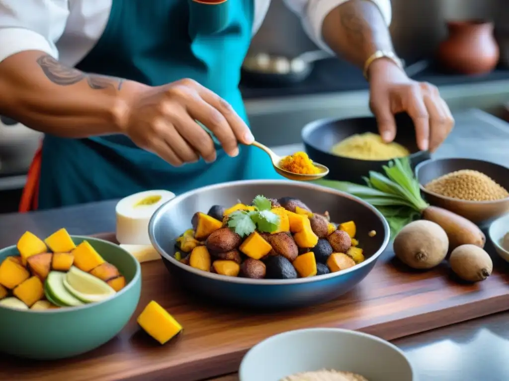 Un chef peruano preparando un plato con influencia africana en una cocina bulliciosa