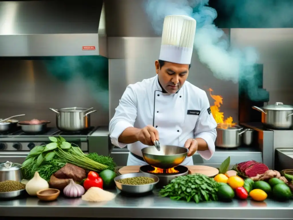 Un chef peruano prepara plato con ingredientes autóctonos en cocina bulliciosa