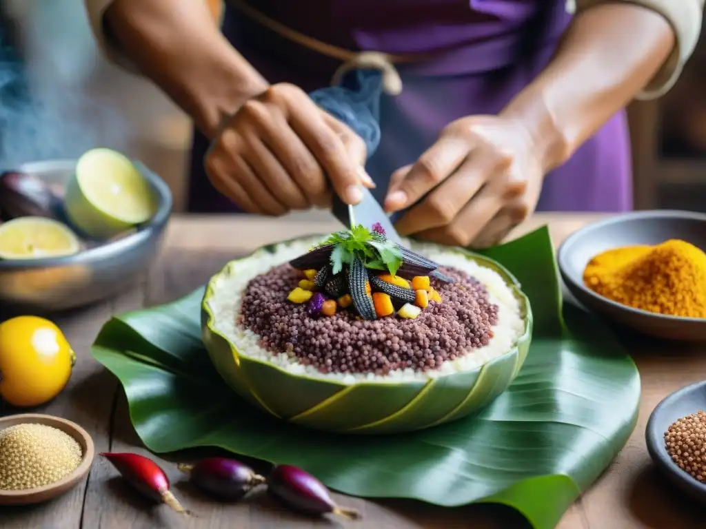 Un chef peruano preparando plato con ingredientes autóctonos en cocina rústica - Gastronomía peruana con ingredientes autóctonos