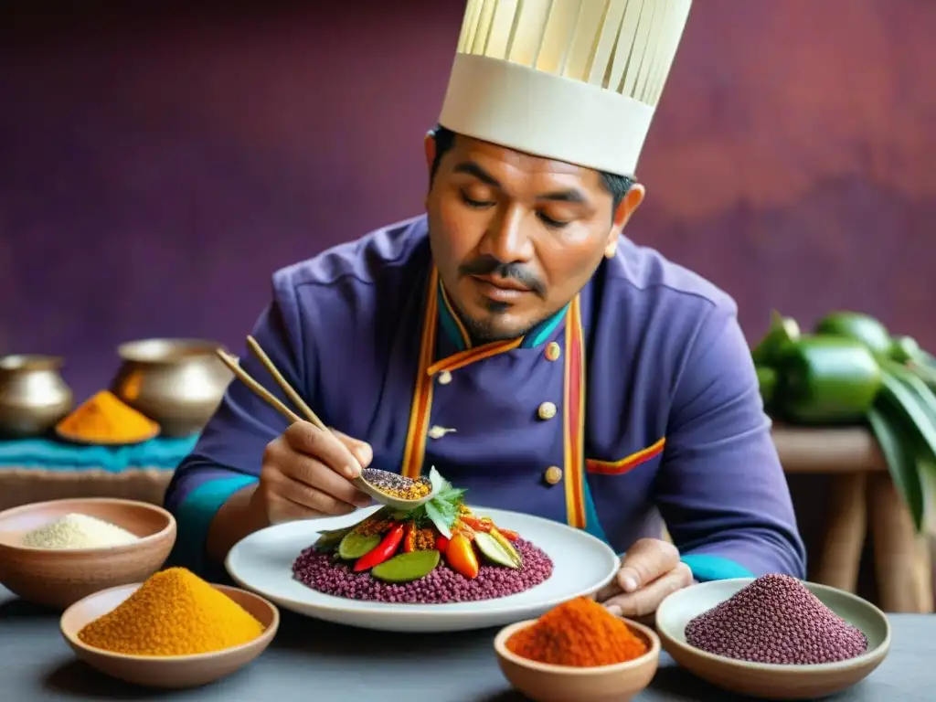 Un chef peruano prepara un plato con ingredientes autóctonos, honrando la gastronomía peruana