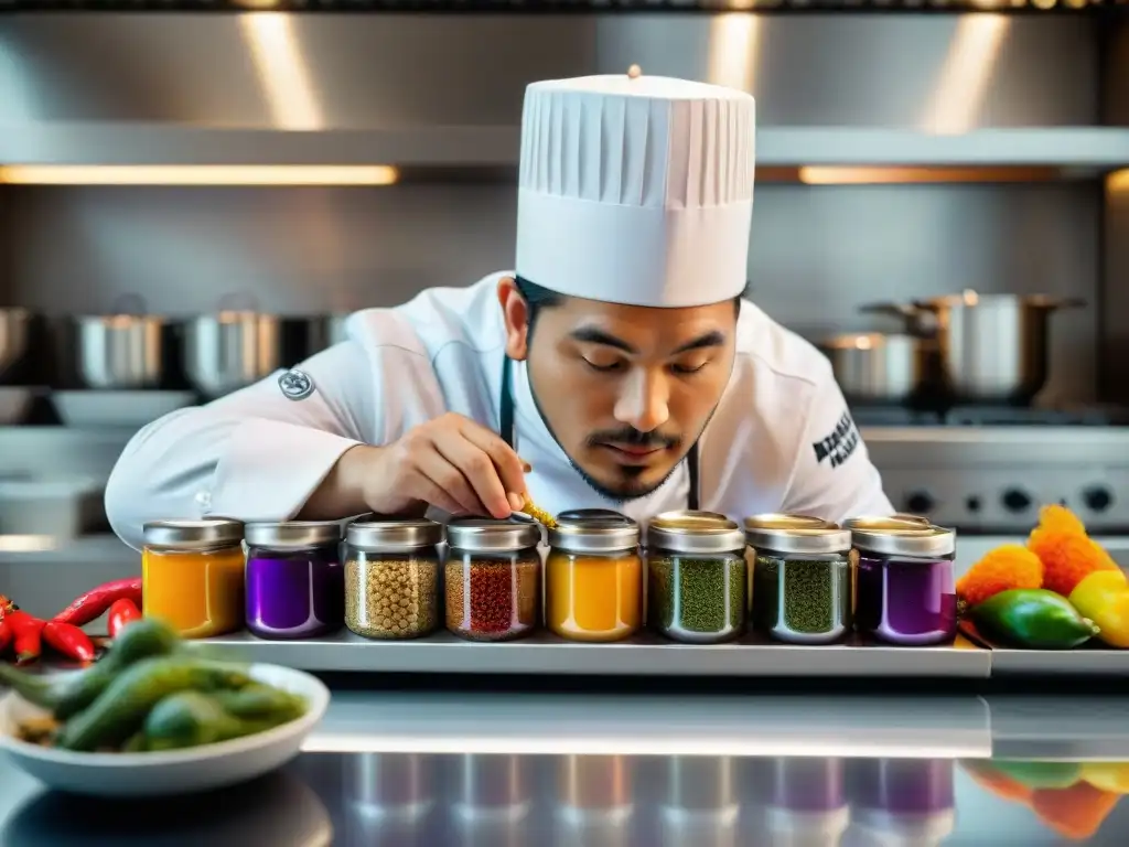 Chef peruano planteando plato con ingredientes autóctonos en cocina moderna