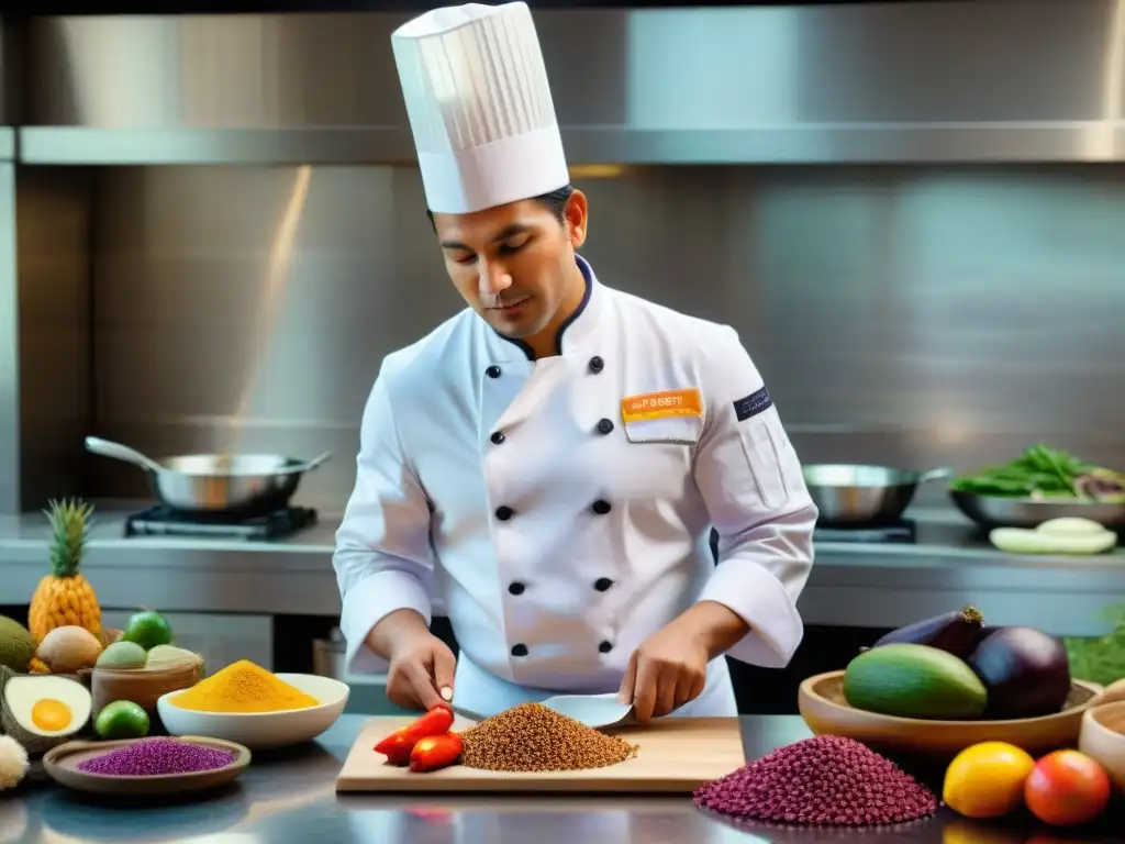 Un chef peruano prepara plato con ingredientes autóctonos en cocina moderna, reflejando la innovación en la gastronomía peruana contemporánea