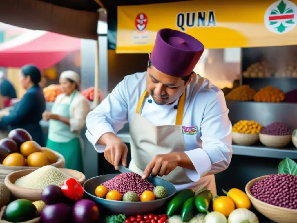 Un chef peruano prepara plato con ingredientes autóctonos en mercado vibrante