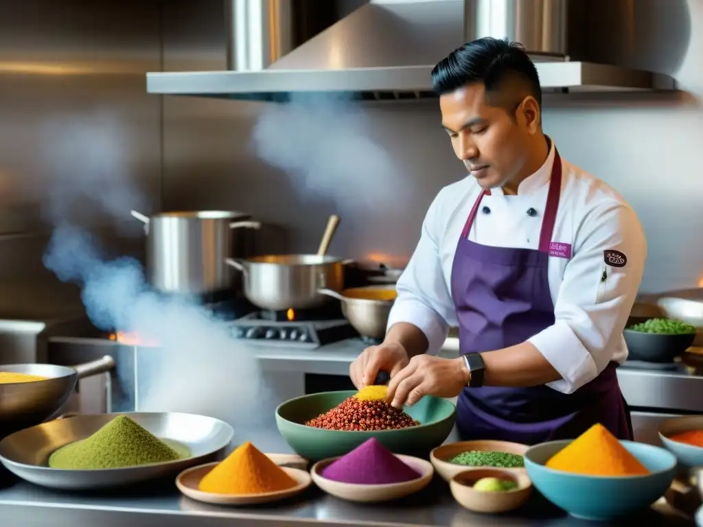 Un chef peruano prepara un plato con ingredientes autóctonos en cocina moderna, fusionando tradición y contemporaneidad