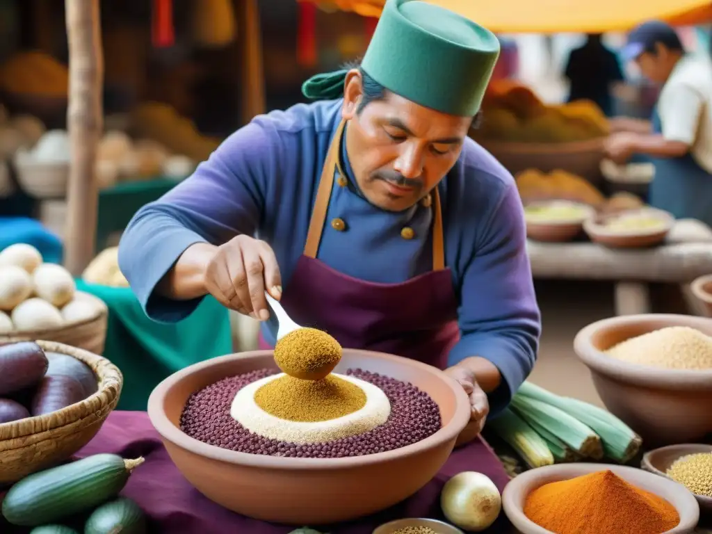 Un chef peruano prepara plato con ingredientes autóctonos en bullicioso mercado andino