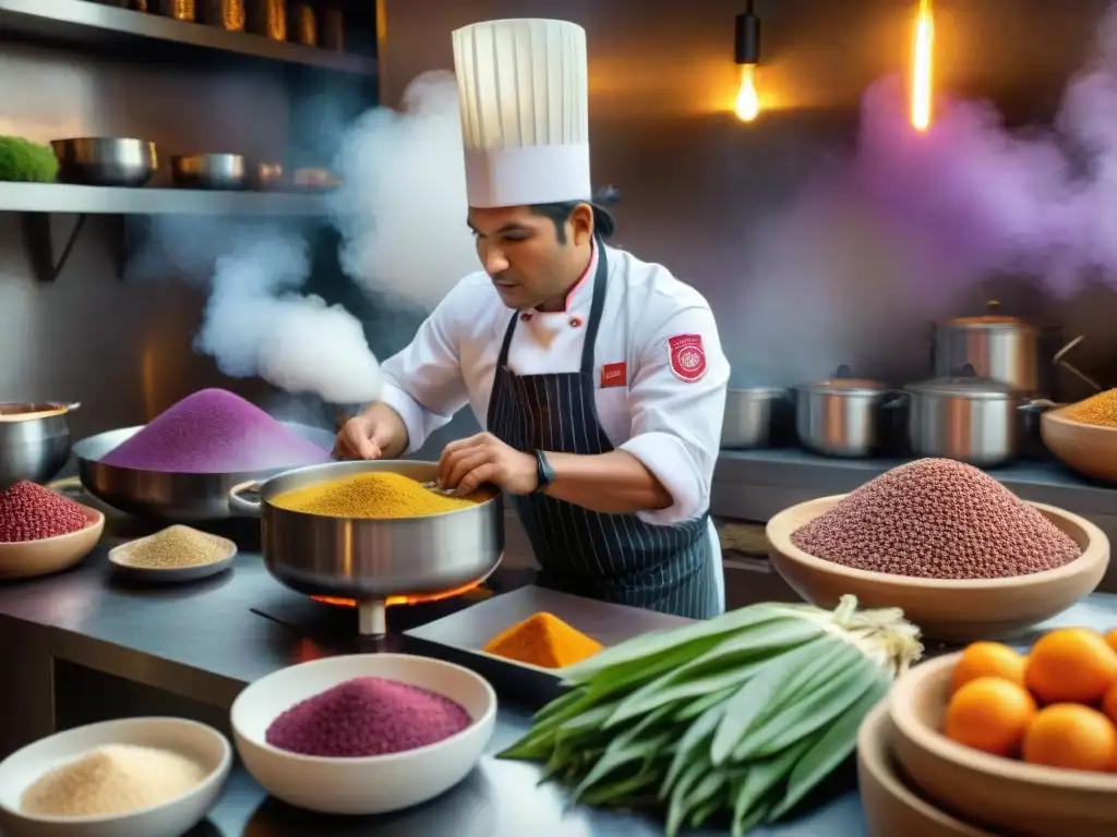 Un chef peruano preparando plato con ingredientes autóctonos en cocina tradicional, fusionando tradición con innovación