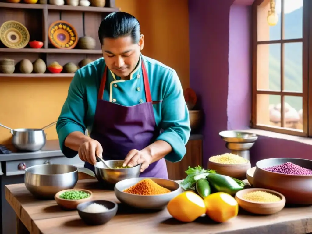 Un chef peruano preparando un plato con ingredientes precolombinos