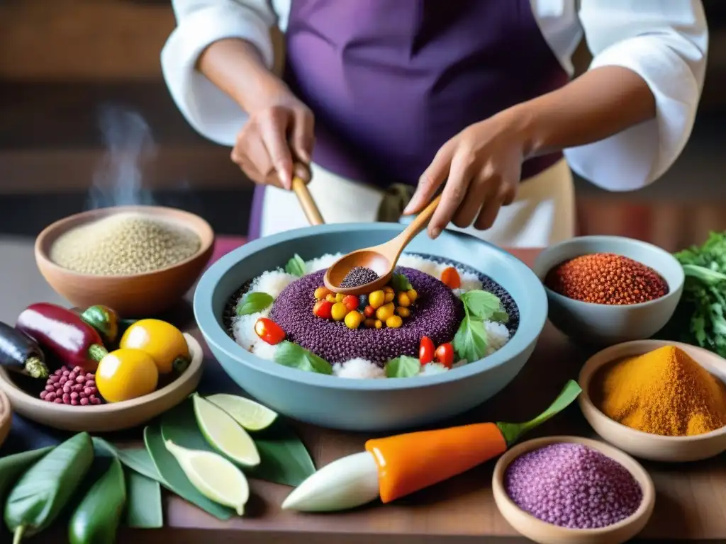 Un chef peruano preparando un plato con ingredientes autóctonos en una escena colorida y detallada que refleja la cocina andina peruana