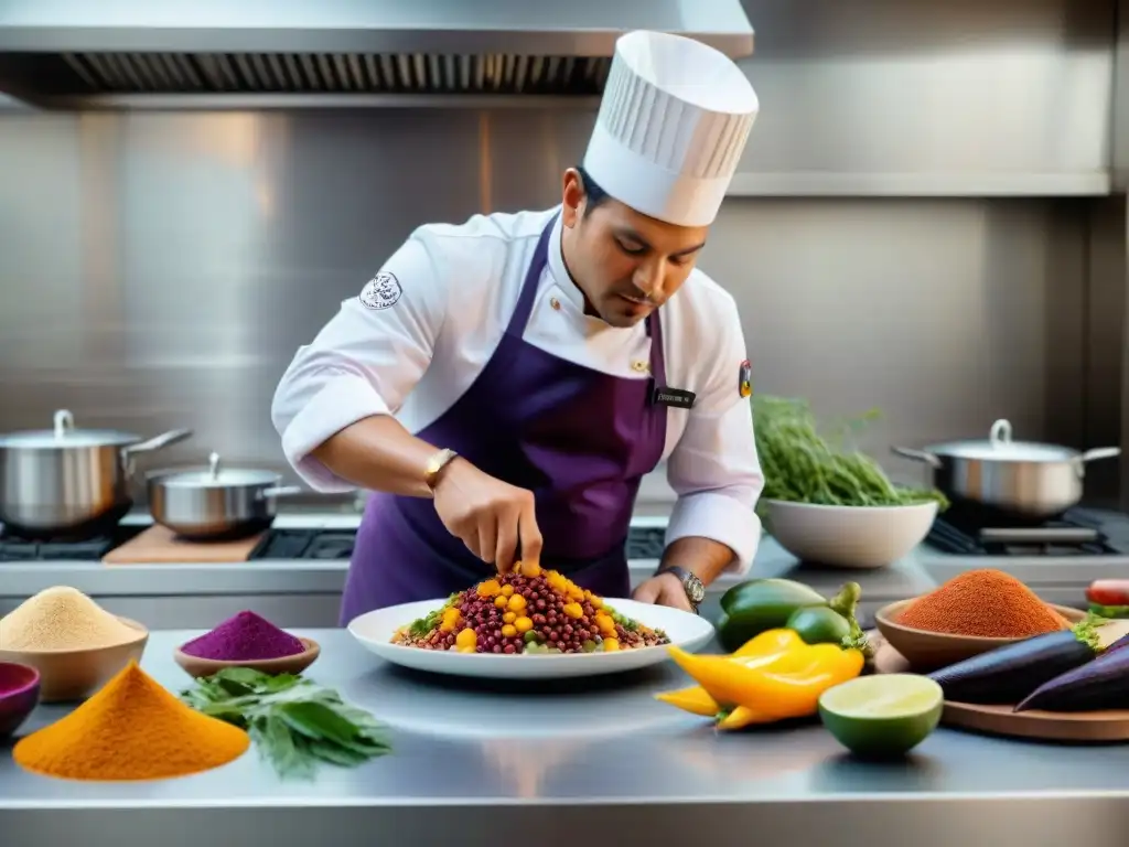 Un chef peruano preparando plato con ingredientes autóctonos en cocina moderna