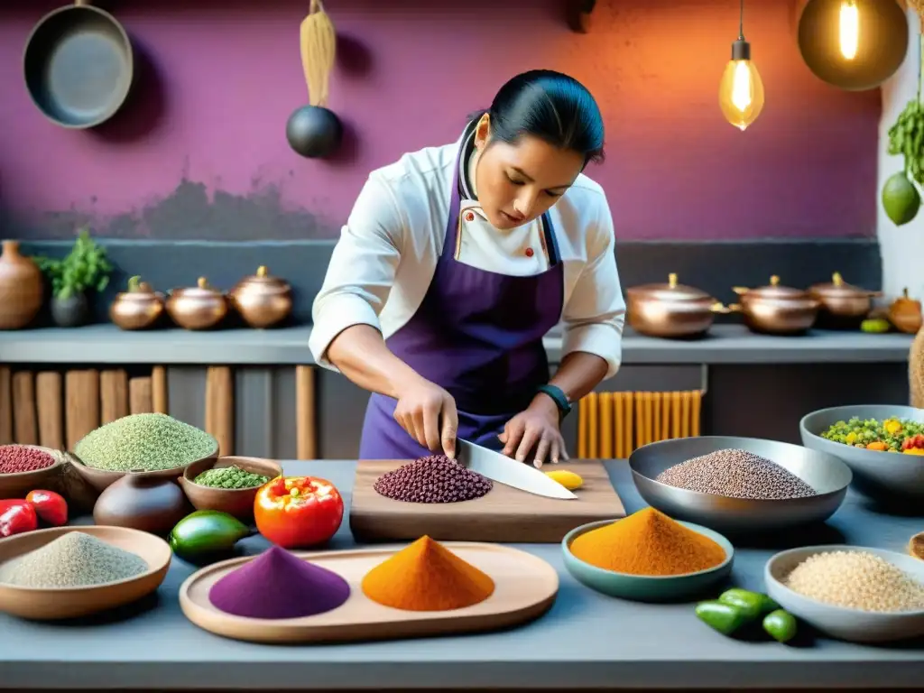 Un chef peruano prepara plato con ingredientes autóctonos en cocina tradicional