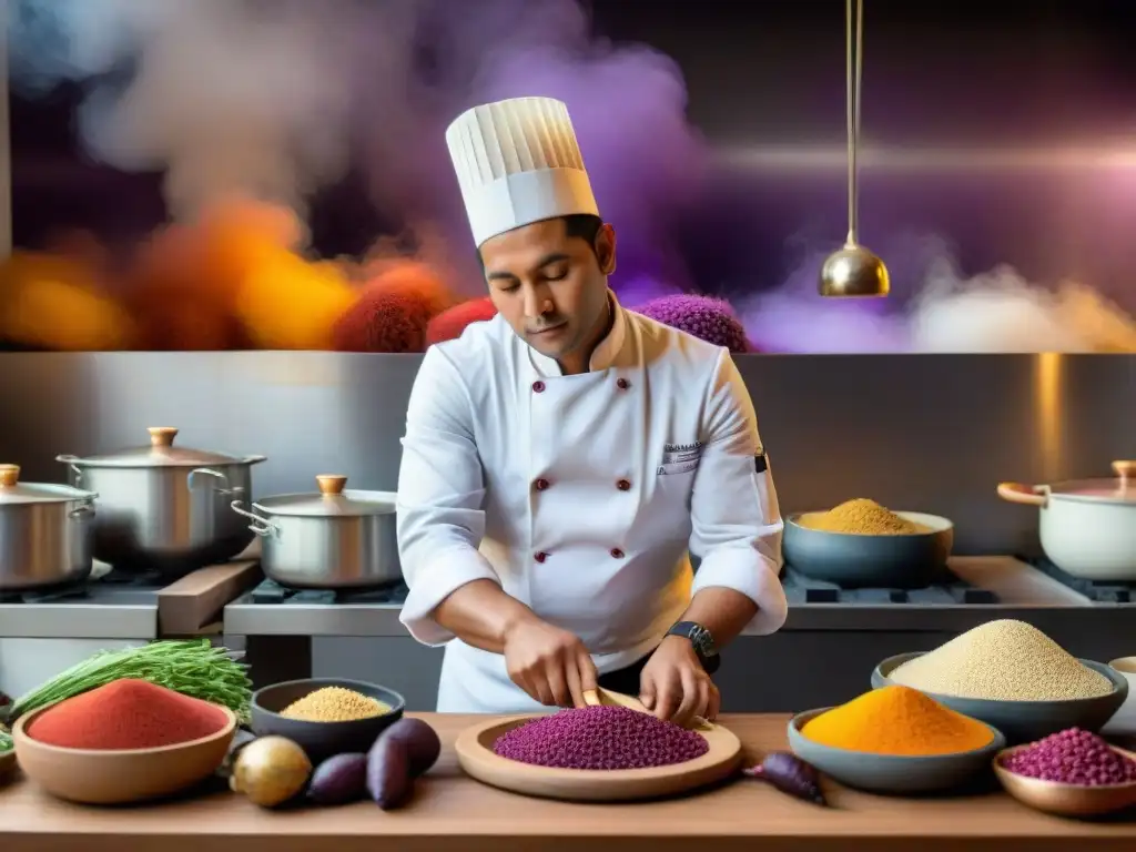 Un chef peruano prepara un plato con ingredientes autóctonos en una cocina bulliciosa