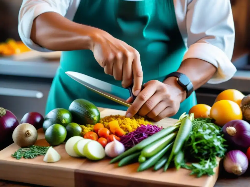 Un chef peruano preparando un plato con ingredientes autóctonos en un mercado local