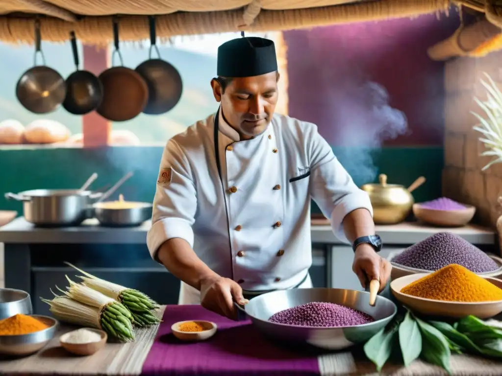 Chef peruano preparando plato con ingredientes autóctonos en cocina tradicional, impactando comunidad