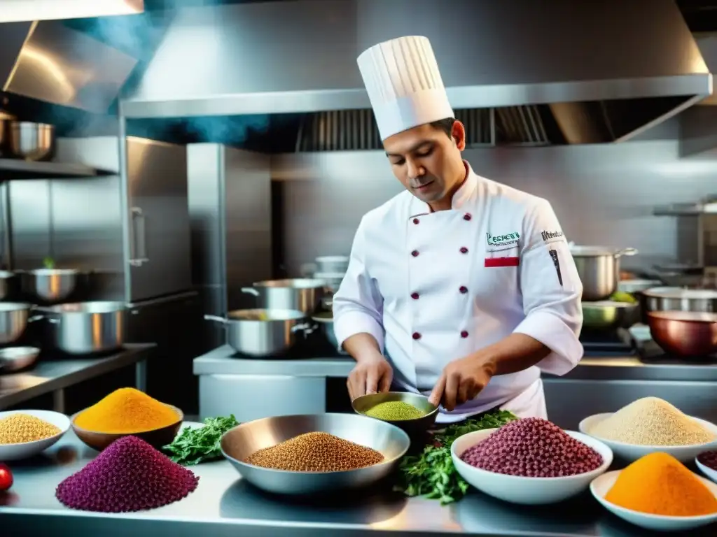 Un chef peruano creando un plato con ingredientes autóctonos en una cocina bulliciosa