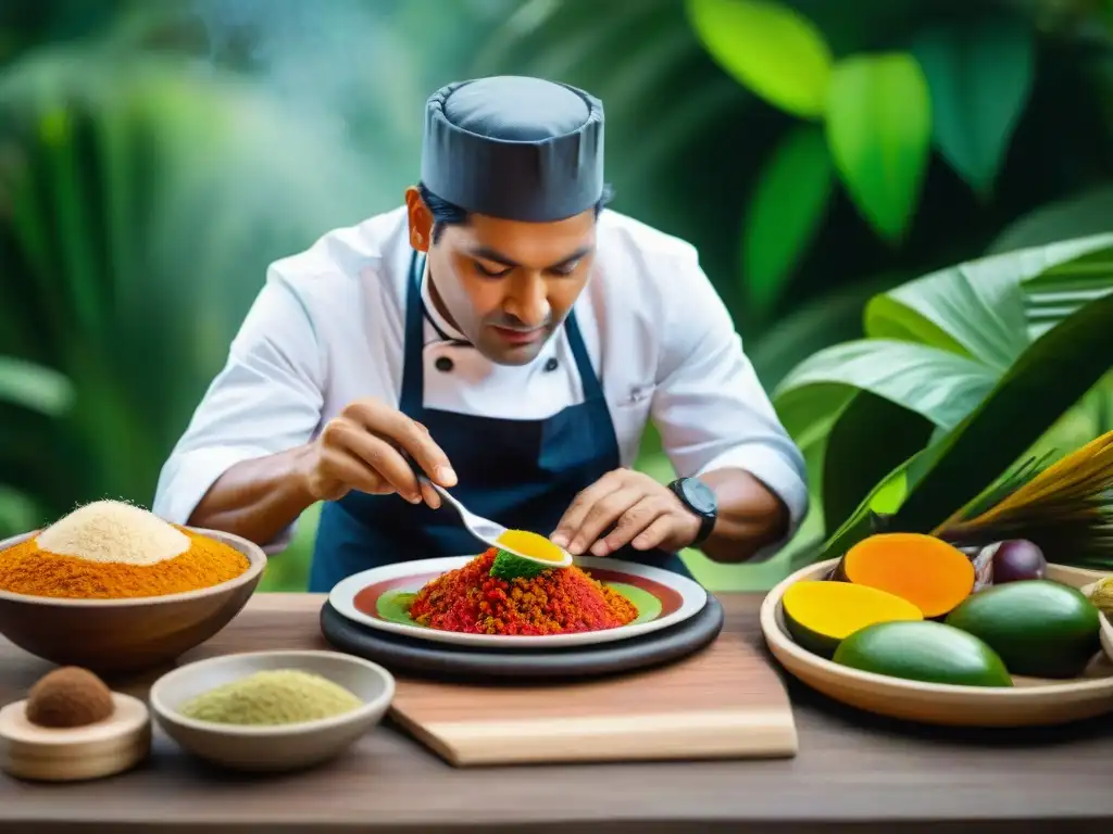 Chef peruano preparando plato con ingredientes exóticos de la Amazonía, rodeado de naturaleza y utensilios tradicionales