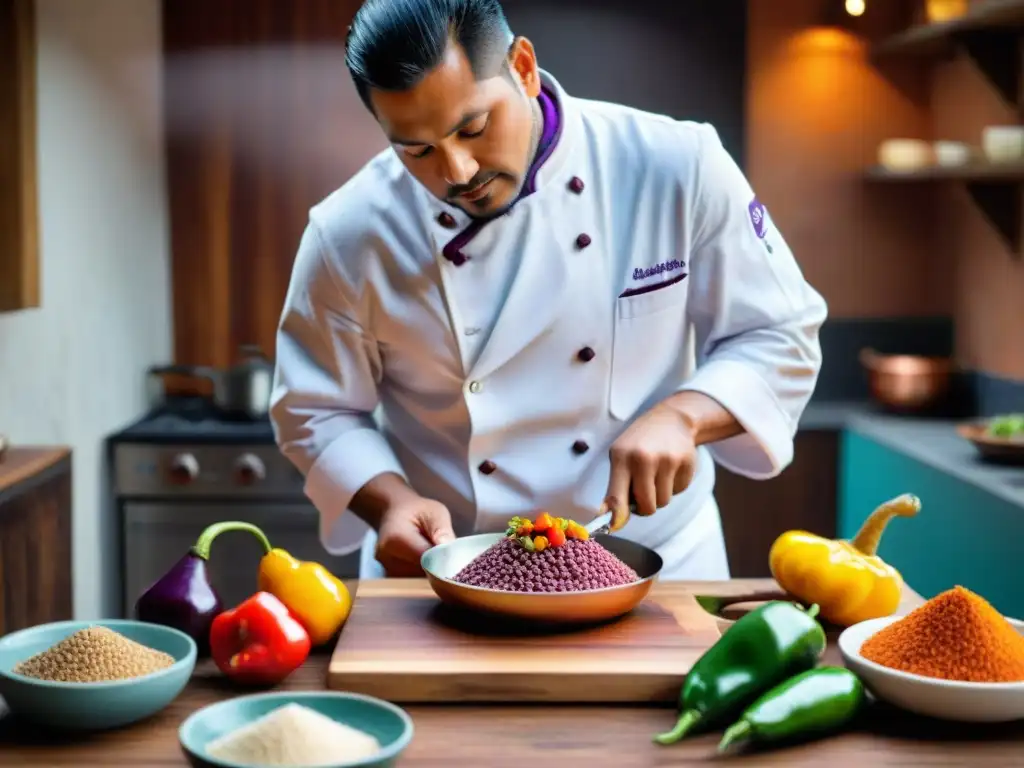 Un chef peruano prepara un plato con ingredientes autóctonos, mostrando la riqueza de la gastronomía peruana