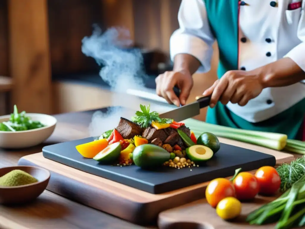 Chef peruano preparando plato con ingredientes autóctonos en cocina rústica