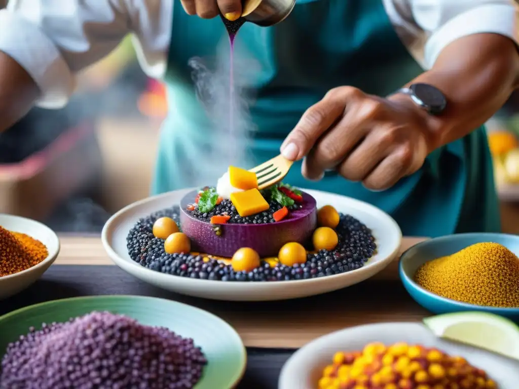 Un chef peruano prepara plato con ingredientes autóctonos gastronomía peruana en mercado local