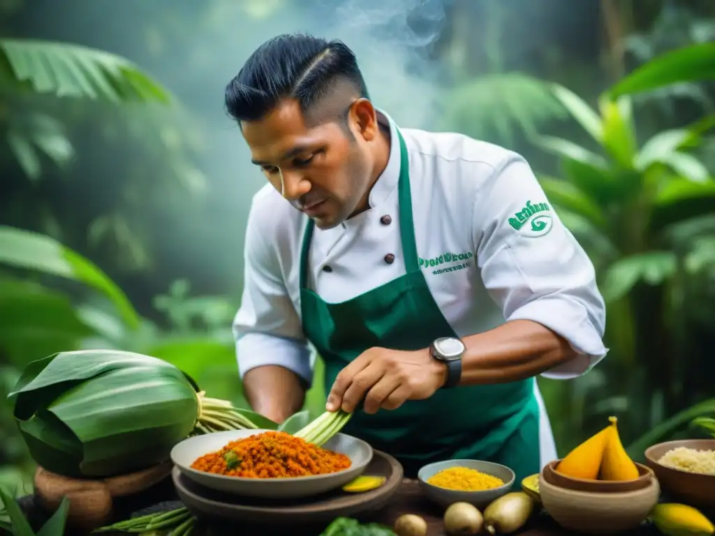 Chef peruano preparando plato con ingredientes autóctonos en la selva amazónica